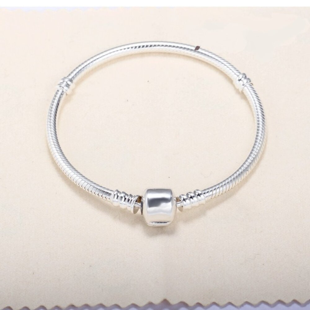 3mm Snake Chain Bracelet Silver Plated Copper Barrel Clasp Charm Base